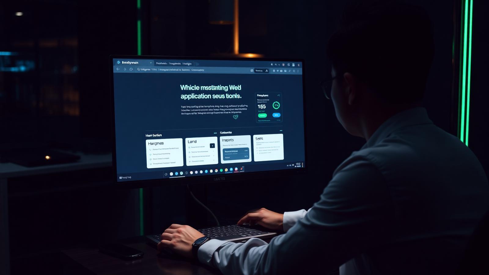 Designer reviewing a web app landing page in a Kuala Lumpur studio